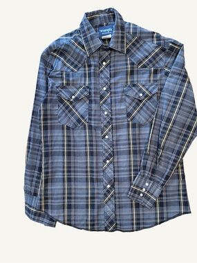 Wrangler Western Shirt Blue Plaid Snap Shirt Yellow Accent Short Sleeve M